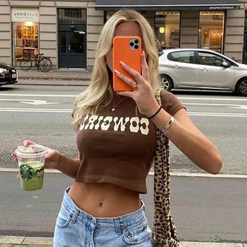 Vintage Letter Print Crop Tops Women's Casual Summer