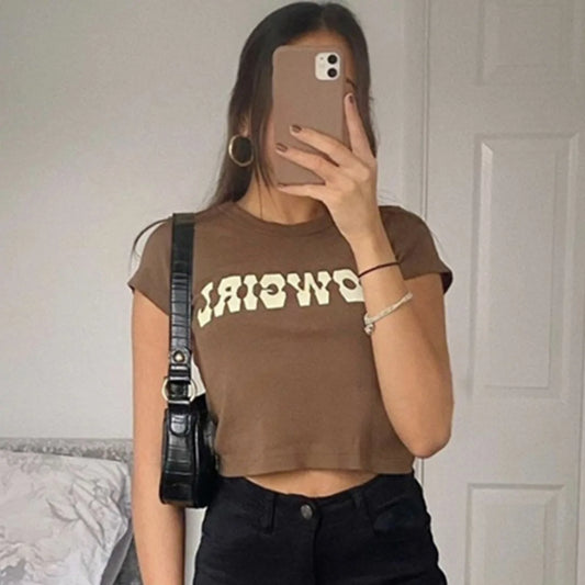 Vintage Letter Print Crop Tops Women's Casual Summer