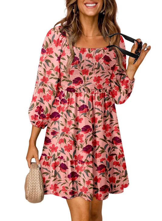 Womens Summer Fall Dresses Floral Square Neck